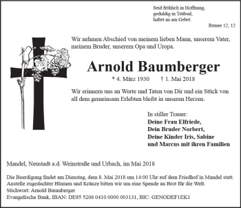 Traueranzeige von Arnold Baumberger von Trauerportal Rhein Main Presse