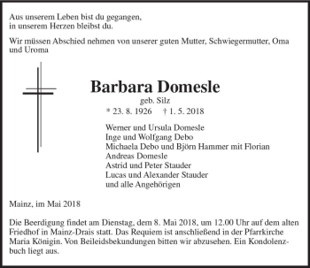 Traueranzeige von Barbara Domesle von Trauerportal Rhein Main Presse