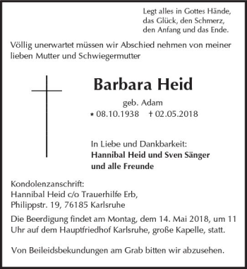 Traueranzeige von Barbara Heid von Trauerportal Rhein Main Presse
