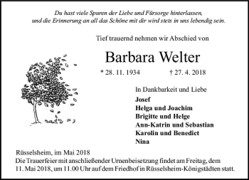Traueranzeige von Barbara Welter von Trauerportal Rhein Main Presse