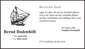 Traueranzeige von Bernd Dodenhöft von Trauerportal Rhein Main Presse