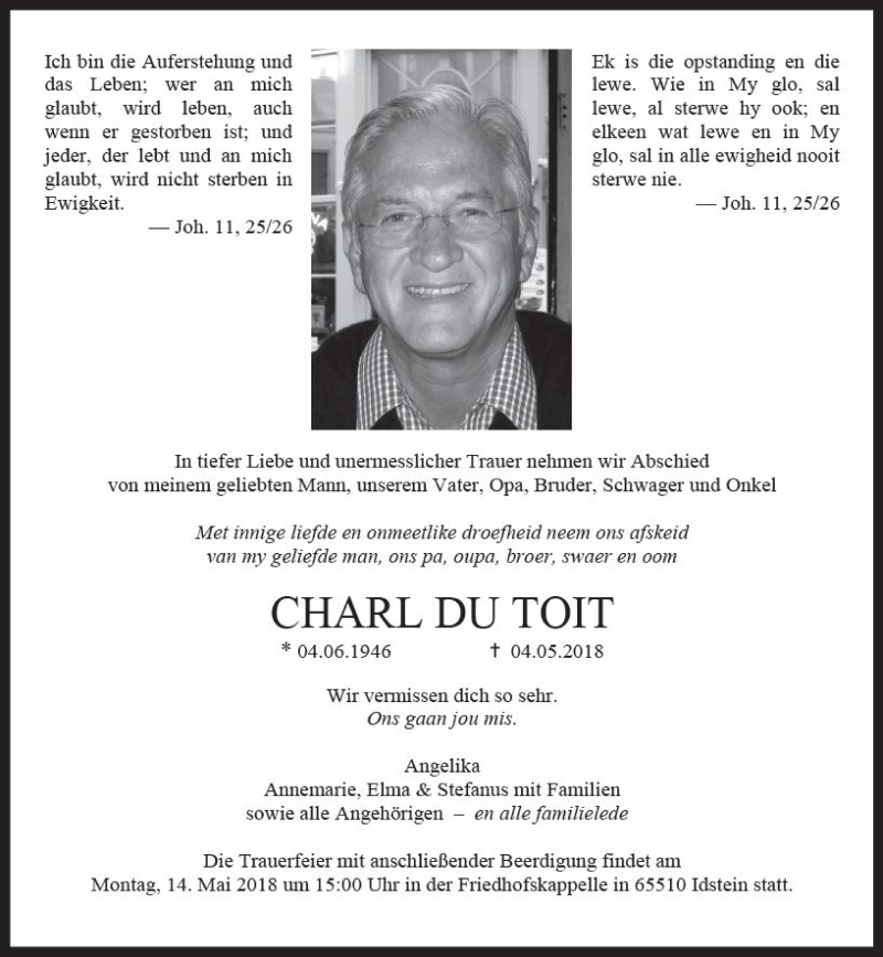  Traueranzeige für Charl Du Toit vom 11.05.2018 aus Trauerportal Rhein Main Presse