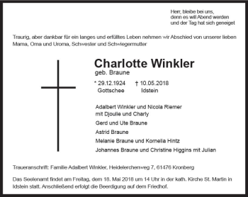Traueranzeige von Charlotte Winkler von Trauerportal Rhein Main Presse