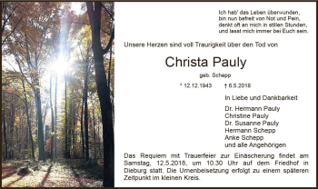 Traueranzeige von Christa Pauly von Trauerportal Rhein Main Presse