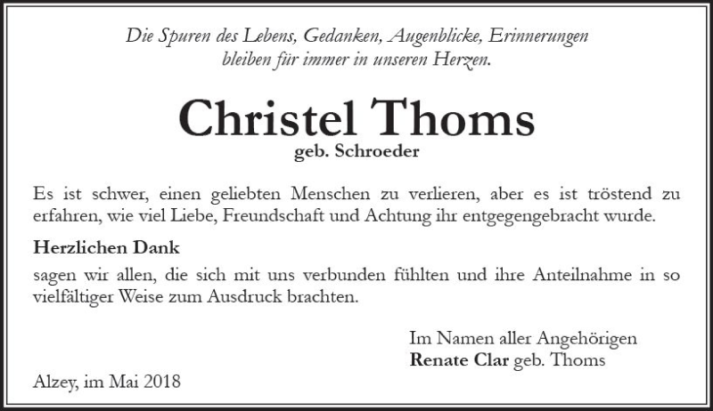  Traueranzeige für Christel Thoms vom 05.05.2018 aus Trauerportal Rhein Main Presse