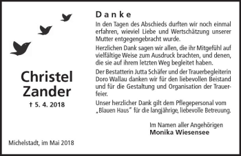 Traueranzeige von Christel Zander von Trauerportal Rhein Main Presse