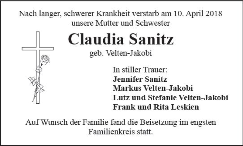  Traueranzeige für Claudia Sanitz vom 05.05.2018 aus  Kreisanzeiger
