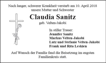 Traueranzeige von Claudia Sanitz von  Kreisanzeiger