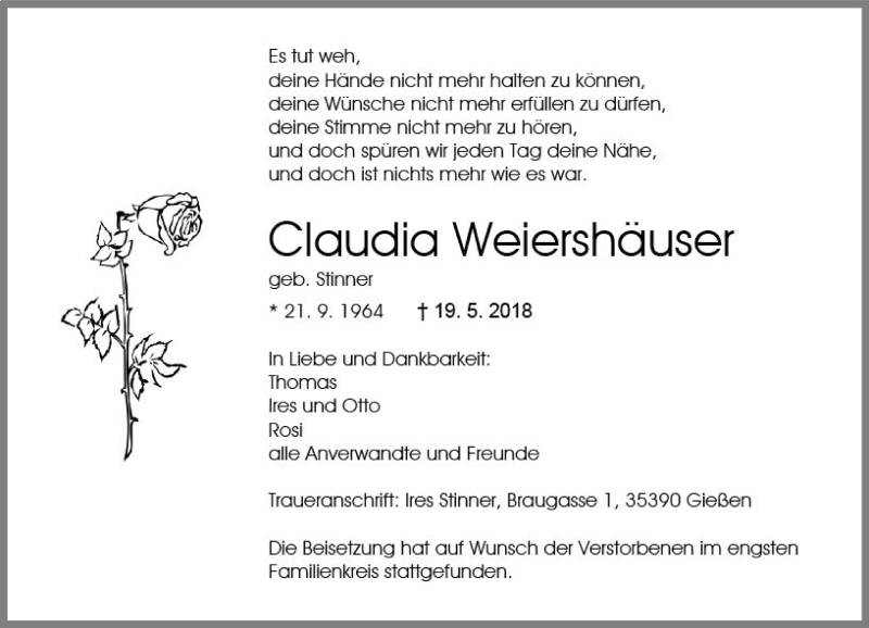  Traueranzeige für Claudia Weiershäuser vom 26.05.2018 aus  Gießener Anzeiger