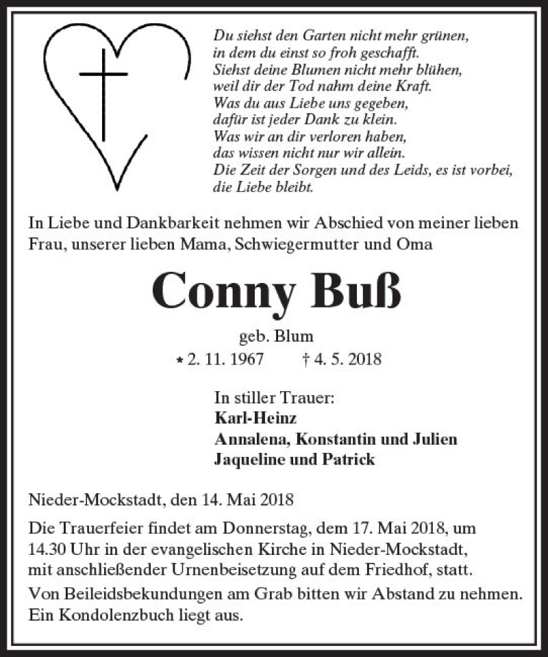  Traueranzeige für Conny Buß vom 14.05.2018 aus  Kreisanzeiger