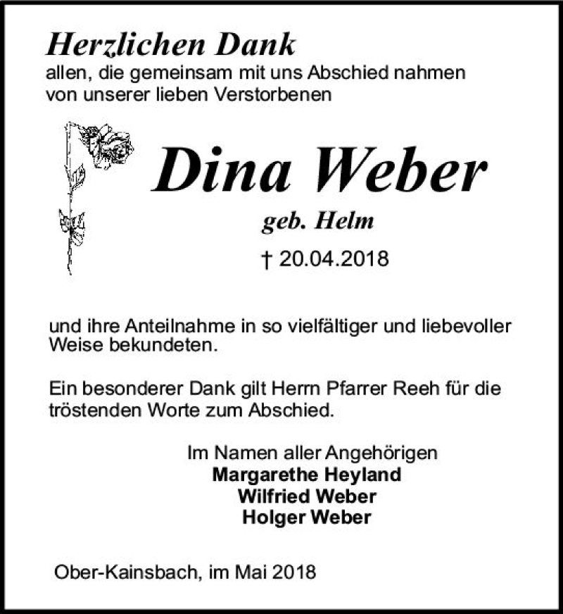  Traueranzeige für Dina Weber vom 26.05.2018 aus Trauerportal Rhein Main Presse