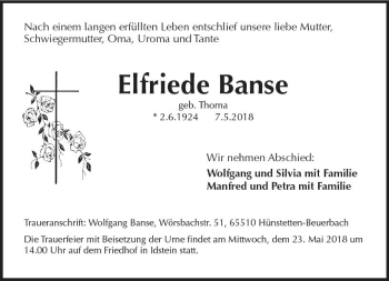 Traueranzeige von Elfriede Banse von Trauerportal Rhein Main Presse
