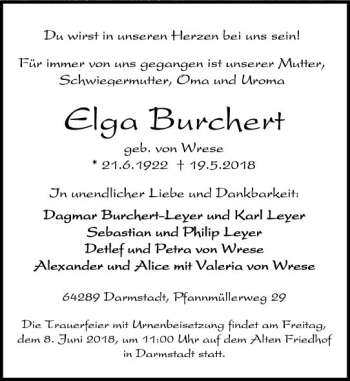 Traueranzeige von Elga Burchert von Trauerportal Rhein Main Presse