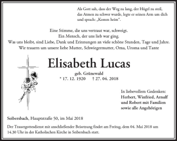 Traueranzeige von Elisabeth Lucas von Trauerportal Rhein Main Presse