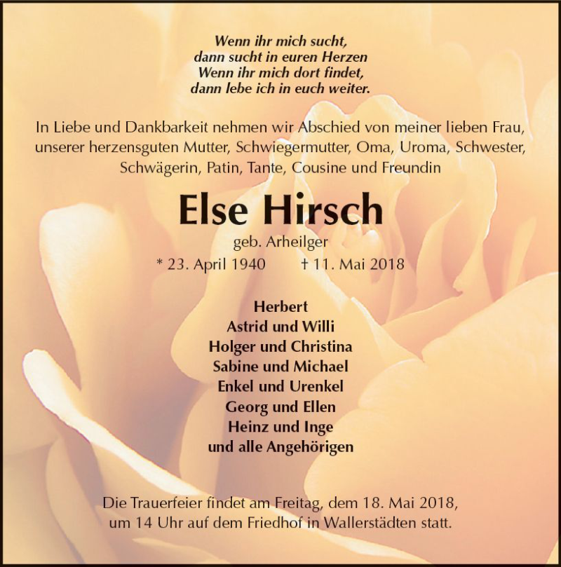  Traueranzeige für Else Hirsch vom 16.05.2018 aus Trauerportal Rhein Main Presse