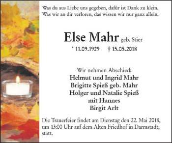 Traueranzeige von Else Mahr von Trauerportal Rhein Main Presse