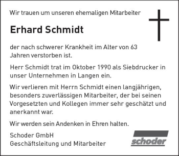 Traueranzeige von Erhard Schmidt von Trauerportal Rhein Main Presse