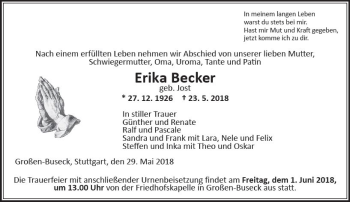 Traueranzeige von Erika Becker von  Gießener Anzeiger