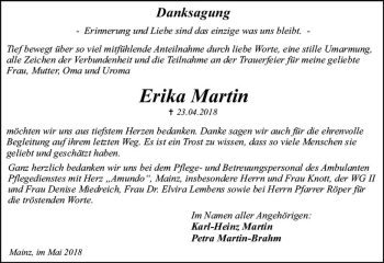Traueranzeige von Erika Martin von Trauerportal Rhein Main Presse