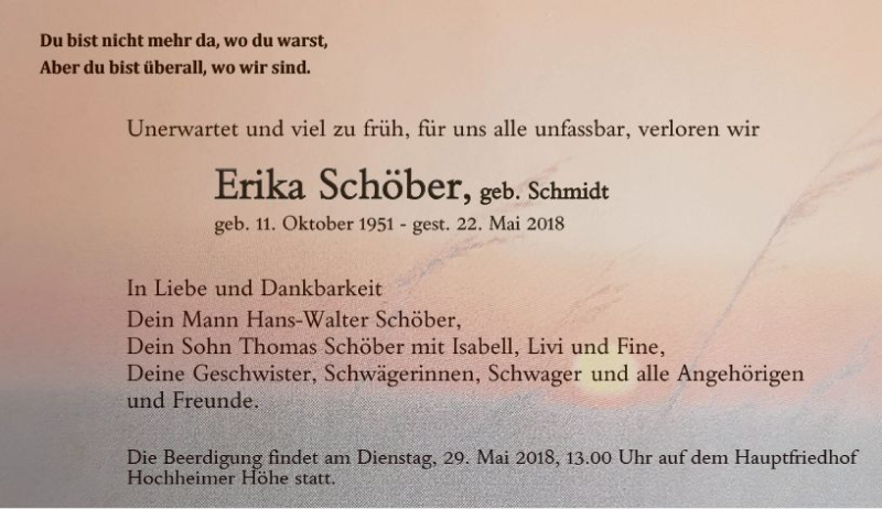  Traueranzeige für Erika Schöber vom 26.05.2018 aus Trauerportal Rhein Main Presse