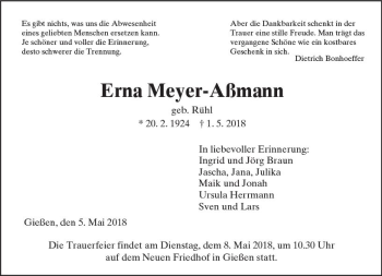 Traueranzeige von Erna Meyer-Aßmann von  Gießener Anzeiger