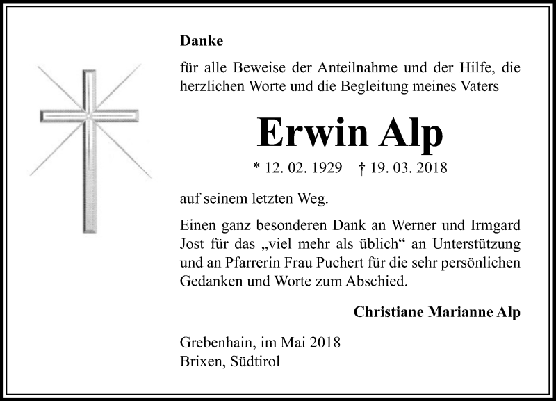  Traueranzeige für Erwin Alp vom 19.05.2018 aus  Lauterbacher Anzeiger