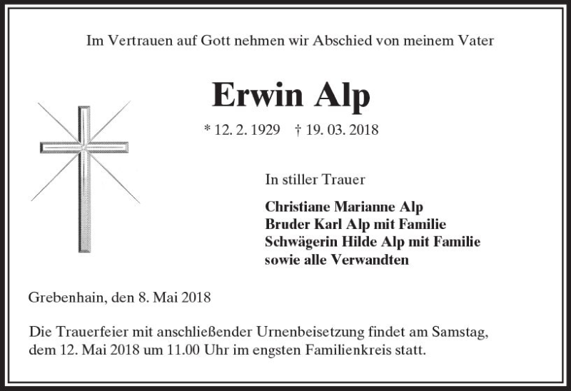  Traueranzeige für Erwin Alp vom 08.05.2018 aus Trauerportal Rhein Main Presse
