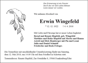 Traueranzeige von Erwin Wingefeld von  Kreisanzeiger
