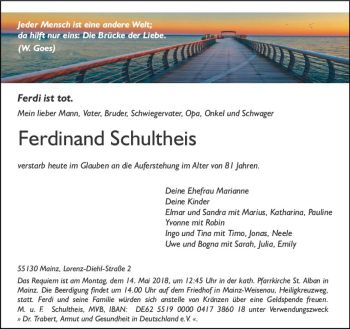 Traueranzeige von Ferdinand Schultheis von Trauerportal Rhein Main Presse