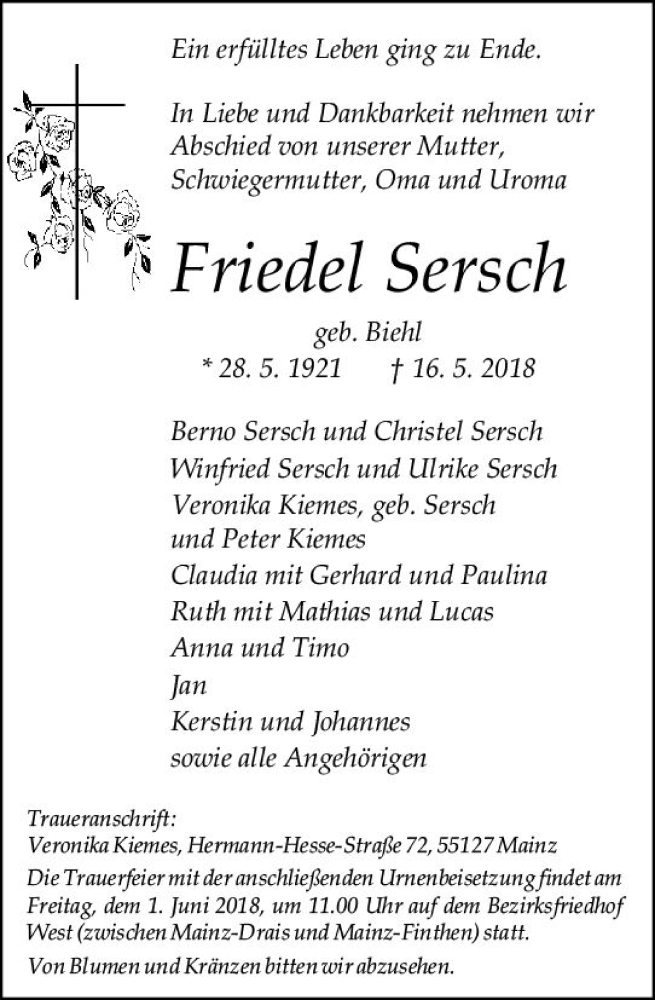  Traueranzeige für Friedel Sersch vom 26.05.2018 aus Trauerportal Rhein Main Presse