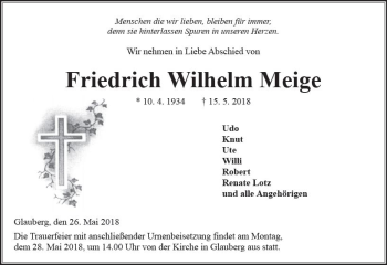 Traueranzeige von Friedrich Wilhelm Meige von  Kreisanzeiger