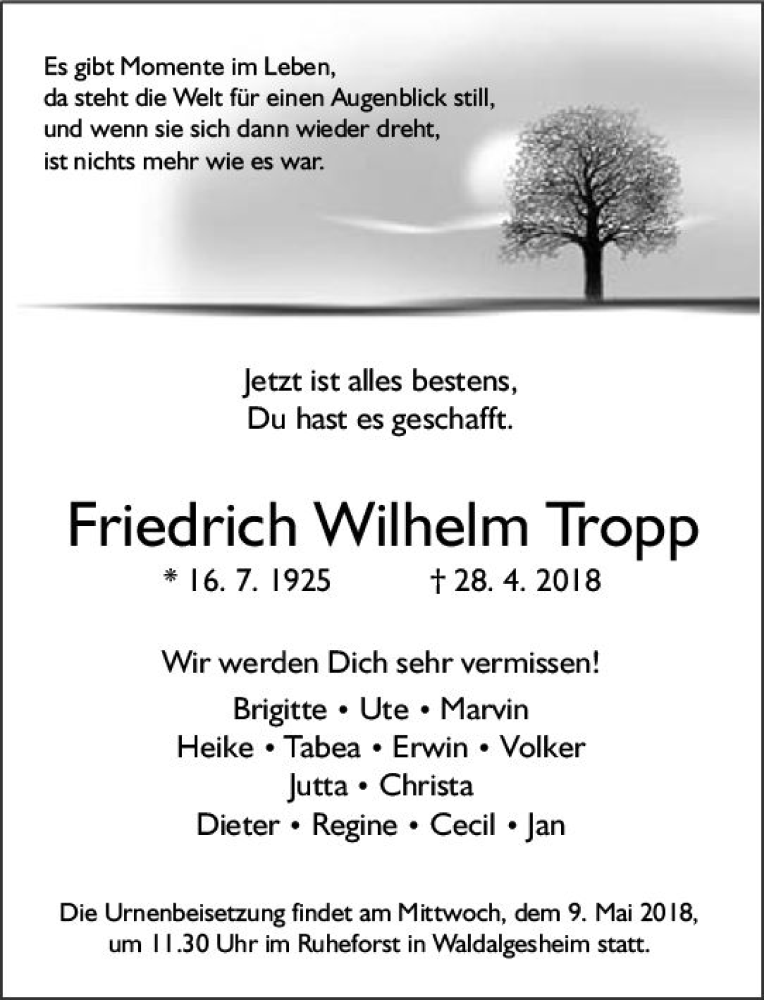  Traueranzeige für Friedrich Wilhelm Tropp vom 05.05.2018 aus Trauerportal Rhein Main Presse