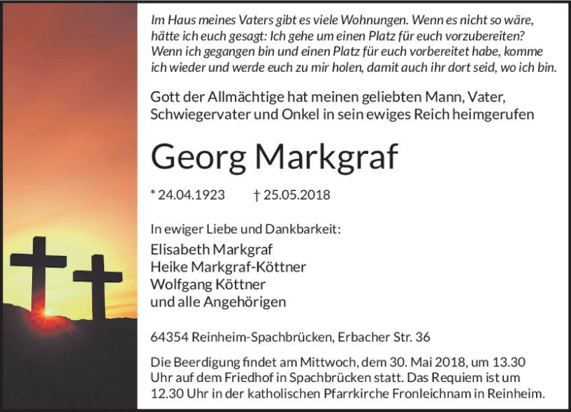  Traueranzeige für Georg Markgraf vom 28.05.2018 aus Trauerportal Rhein Main Presse