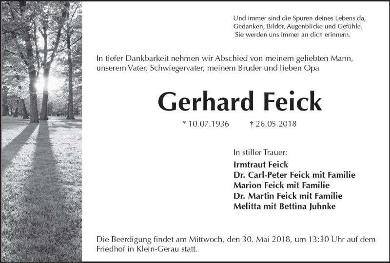  Traueranzeige für Gerhard Feick vom 29.05.2018 aus Trauerportal Rhein Main Presse