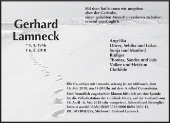 Traueranzeige von Gerhard Lamneck von Trauerportal Rhein Main Presse
