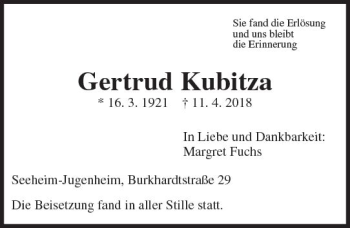 Traueranzeige von Gertrud Kubitza von Trauerportal Rhein Main Presse