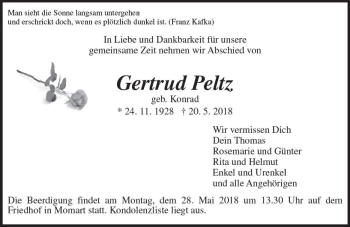 Traueranzeige von Gertrud Peltz von Trauerportal Rhein Main Presse