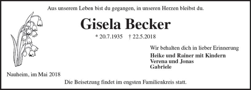  Traueranzeige für Gisela Becker vom 26.05.2018 aus Trauerportal Rhein Main Presse