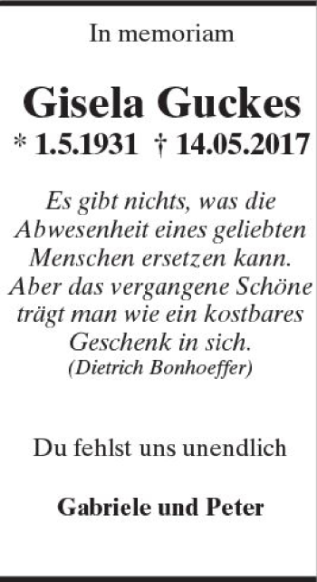 Traueranzeige von Gisela Guckes von Trauerportal Rhein Main Presse