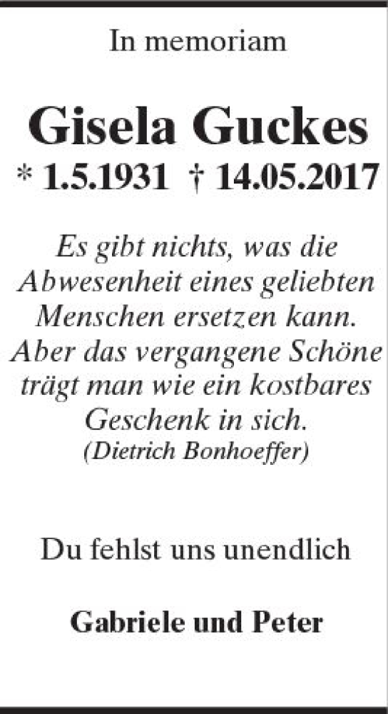 Traueranzeige für Gisela Guckes vom 12.05.2018 aus Trauerportal Rhein Main Presse
