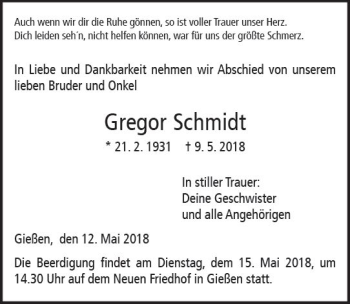 Traueranzeige von Gregor Schmidt von  Gießener Anzeiger