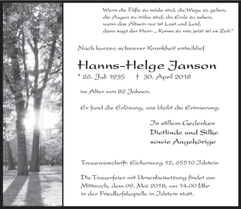 Traueranzeige von Hanns-Helge Janson von Trauerportal Rhein Main Presse