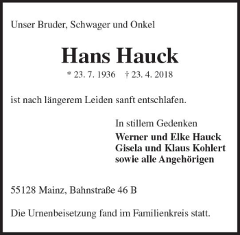 Traueranzeige von Hans Hauck von Trauerportal Rhein Main Presse