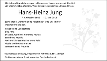 Traueranzeige von Hans-Heinz Jung von Trauerportal Rhein Main Presse