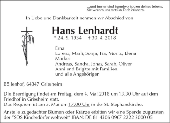 Traueranzeige von Hans Lenhardt von Trauerportal Rhein Main Presse