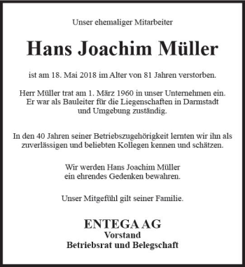 Traueranzeige von Hans Joachim Müller von Trauerportal Rhein Main Presse