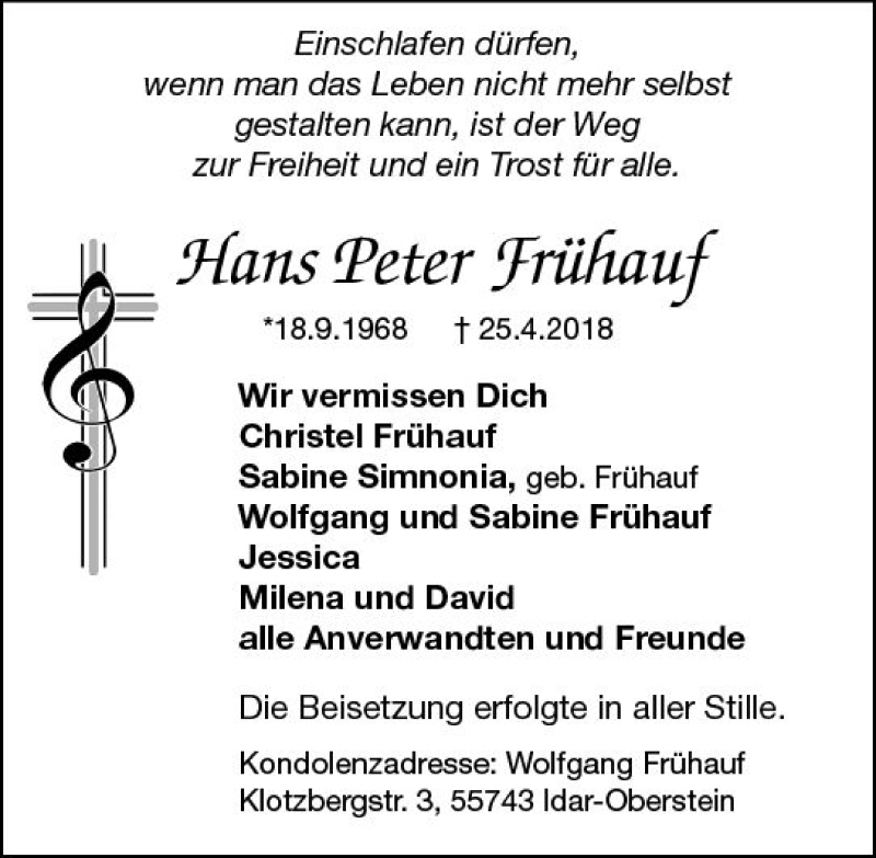  Traueranzeige für Hans Peter Frühauf vom 09.05.2018 aus Trauerportal Rhein Main Presse