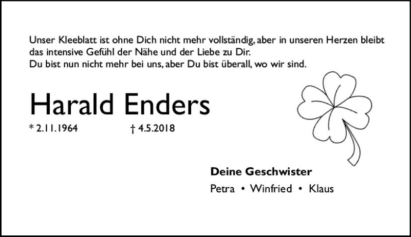 Traueranzeige für Harald Enders vom 12.05.2018 aus Trauerportal Rhein Main Presse