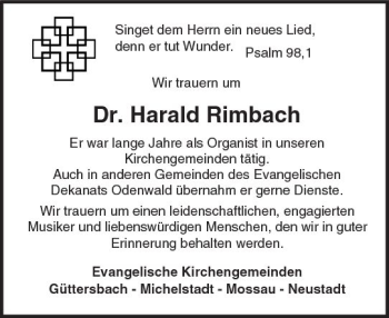 Traueranzeige von Harald Rimbach von Trauerportal Rhein Main Presse