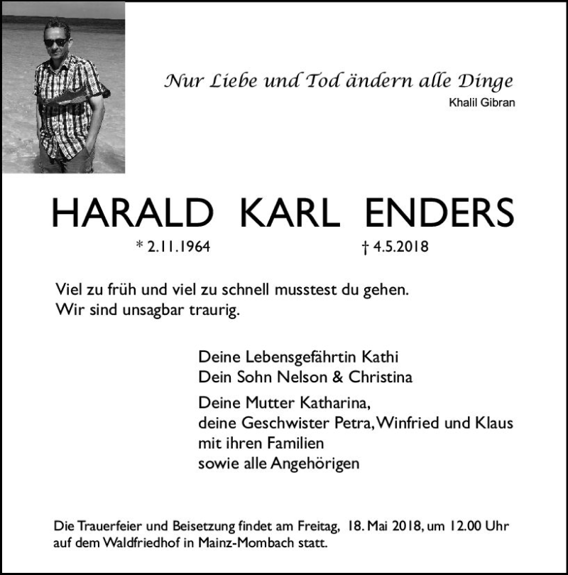  Traueranzeige für Harald Karl Enders vom 12.05.2018 aus Trauerportal Rhein Main Presse